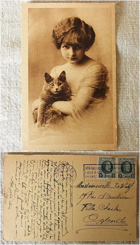 アンティークポストカード 少女と黒い猫 L'objet delicieux
